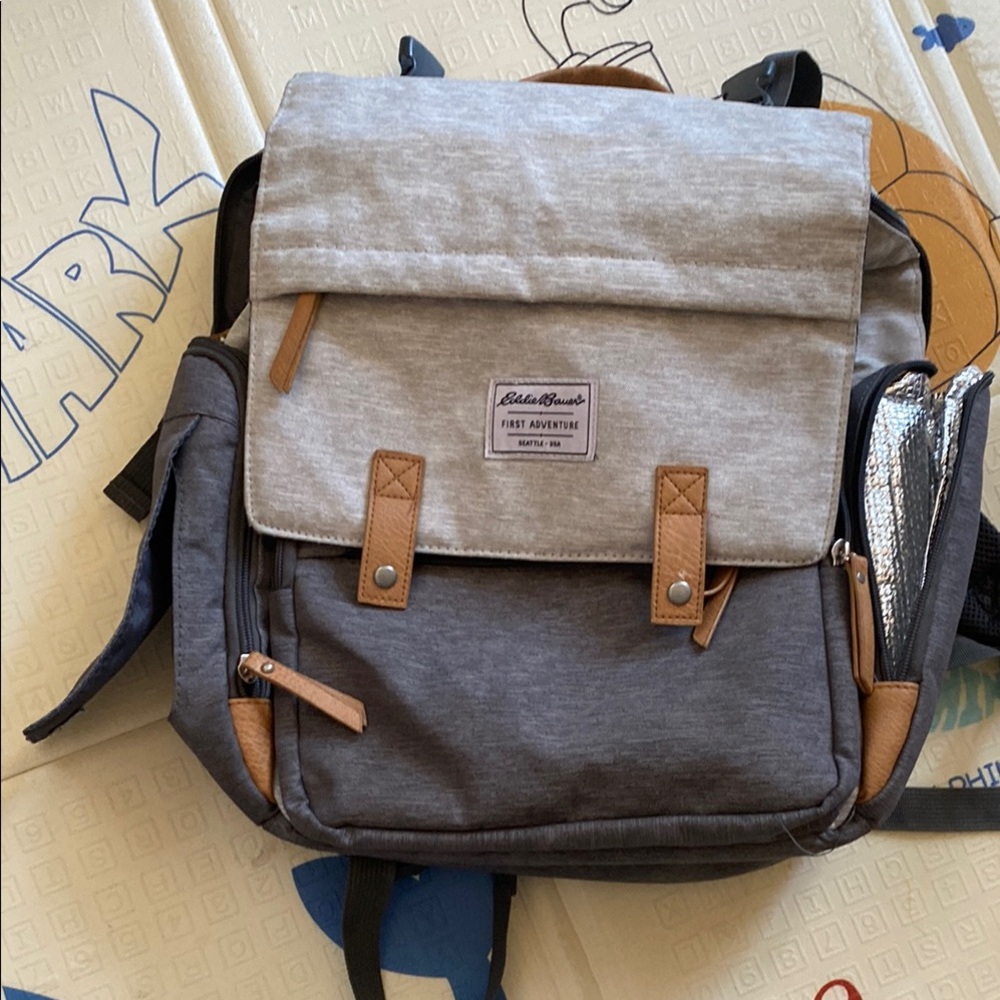 Eddie Bauer Gray and Tan Baby Bag with Classic Rucksack Design
